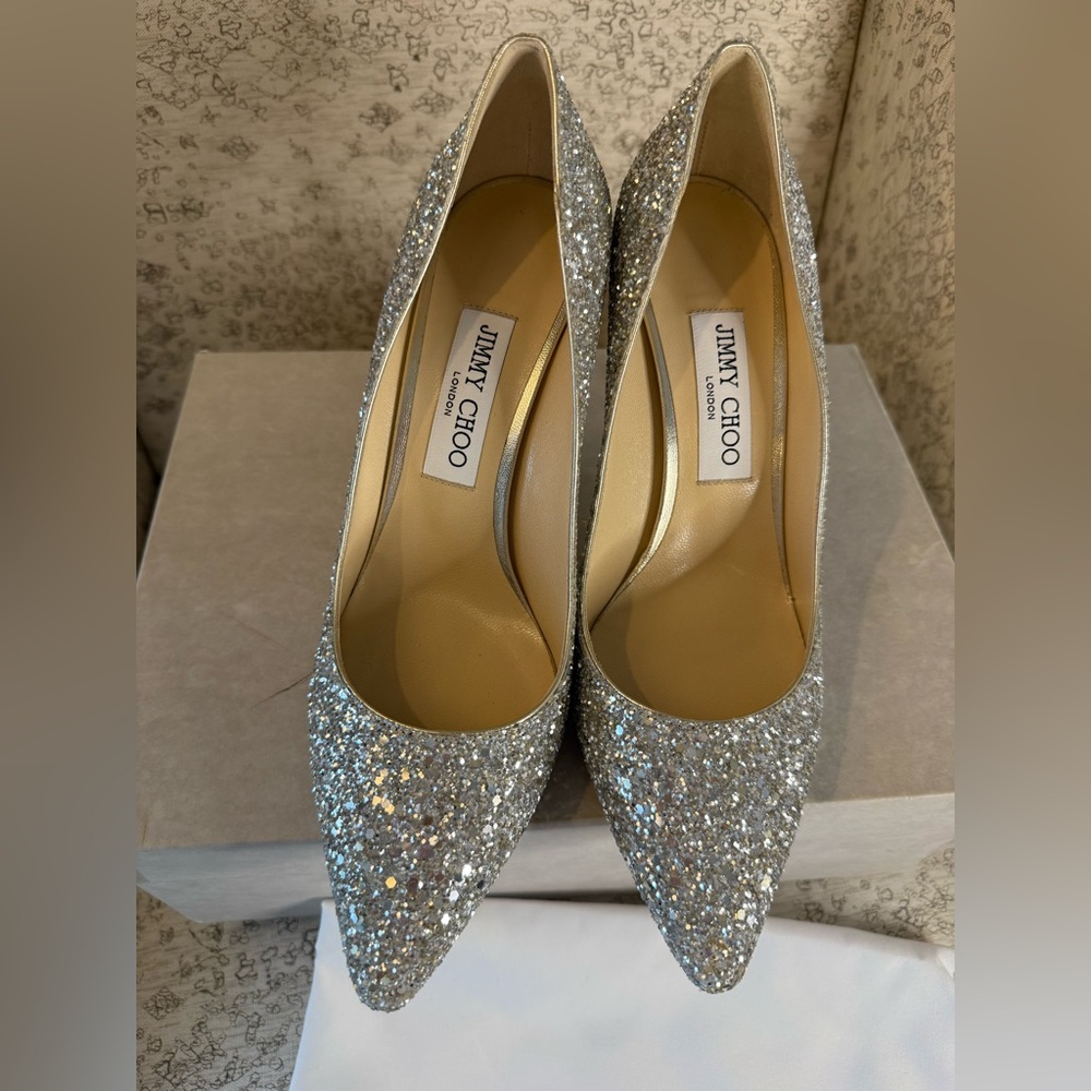 Jimmy Choo Romy 85 Champagne Coarse Glitter Fabric Pointy Toe Pumps Size 39 (9) - Picture 2 of 9
